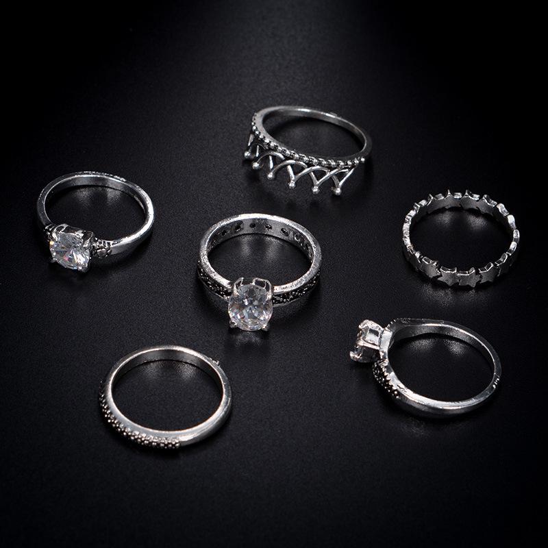 Alloy Ancient Silver Clip Zircon Crown Joint Ring Combination Six-Piece Ring Set