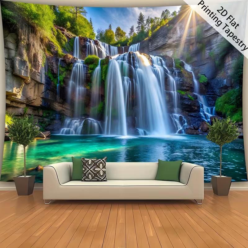 Green Forest Waterfall Lake Tapestry Nature Scenery Wall Art for Aesthetic Home Decor