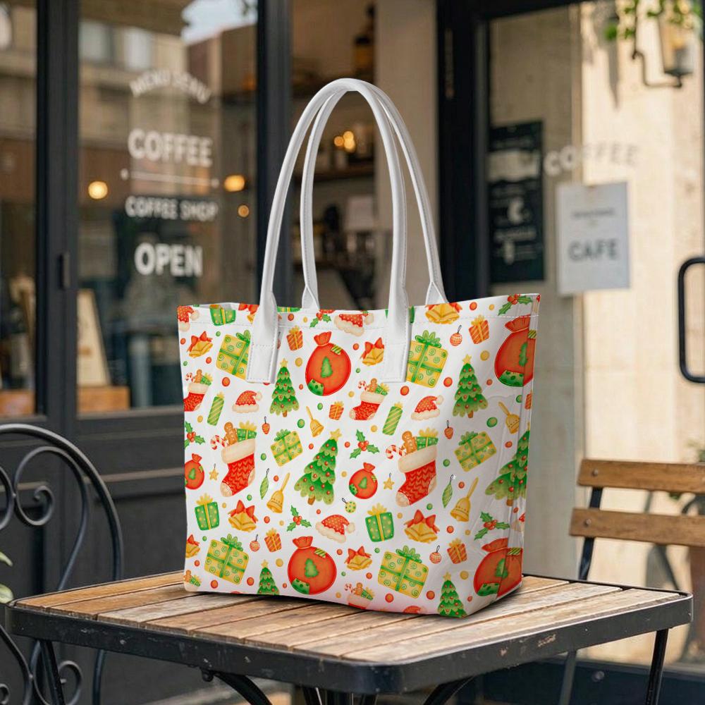 Christmas Pattern Tote Bag Fashionable Casual Large Capacity Portable Daily Carry Handbag for Women