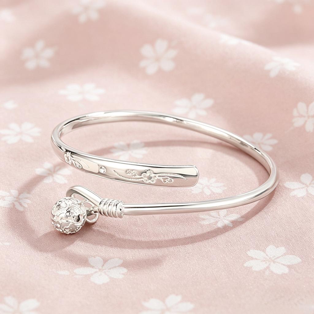 White Copper Plated with Thick Silver, Chinese Style Double Bell Open Anklet for Women New Chinese-style Vintage Carved Pattern Bell Anklet for Women