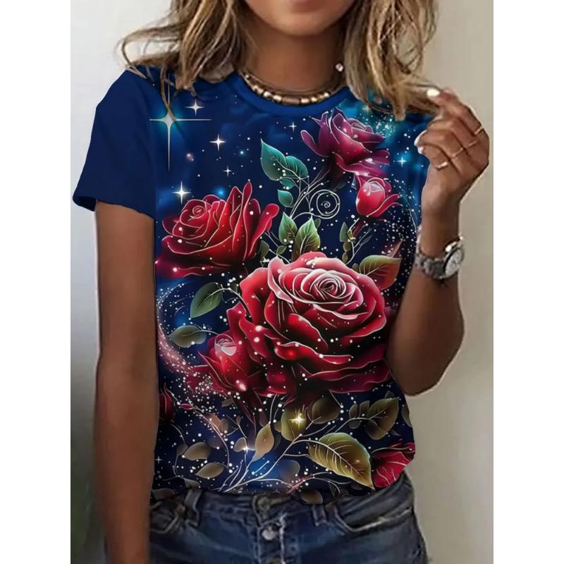 Fashion Women's Crew Neck T-Shirt 3D Flower Color Printing Crew Neck Short Sleeve