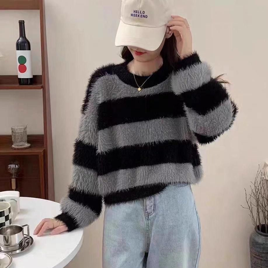 Autumn and Winter Look Thin and Wear Foreign Style Lazy Style Imitation Mink Pullover Long-sleeved Top Fashionable Retro Striped Sweater