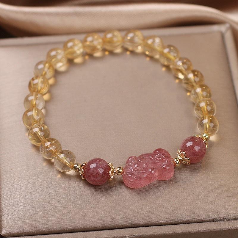 Pink Strawberry Crystal Yellow Crystal Bracelet, Strawberry Crystal Fox Pendant, Golden Hair Crystal Yellow Crystal Bracelet, Bracelet Set