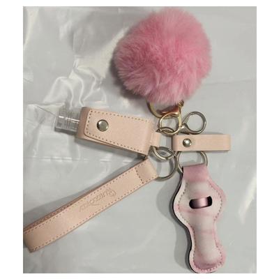 Chapstick Holder Keychain Set 30ml Hand Sanitizer Bottle PU Wristband Keychain for Women 5ml Empty Perfume Bottle Pompom