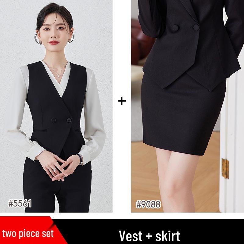 Women's 2024 Black Professional Sleeveless Vest & Pants Set for Hotel Manager