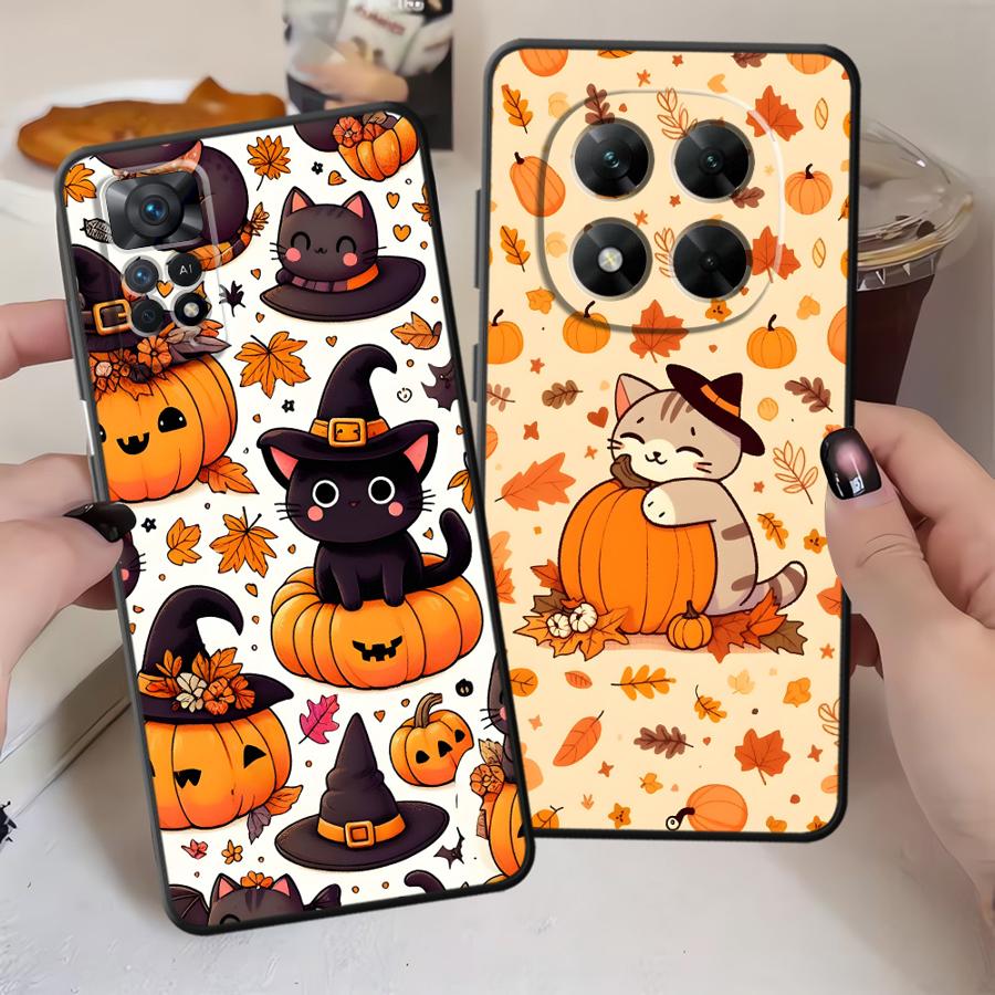Case for Xiaomi Redmi Note 9S 9 10 11 12 Pro 11s 13 14 Pro Plus 12s 10S 7 8 Black Soft Phone Cover Pumpkin Cat