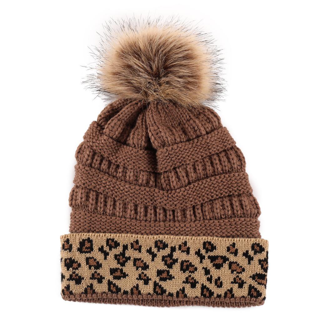 New Rolled Up Thickened Warm Knitted Cap  Winter Woolen Cap  Leopard Print Fashionable Pile Cap