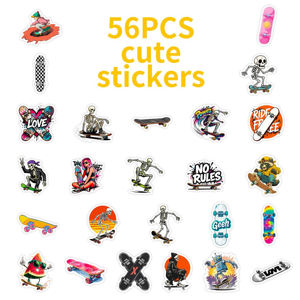 New 56 Street Style Skateboard Cultural Creative Stickers Trendy Cool Skull Graffiti Personalized Decorative Material Set