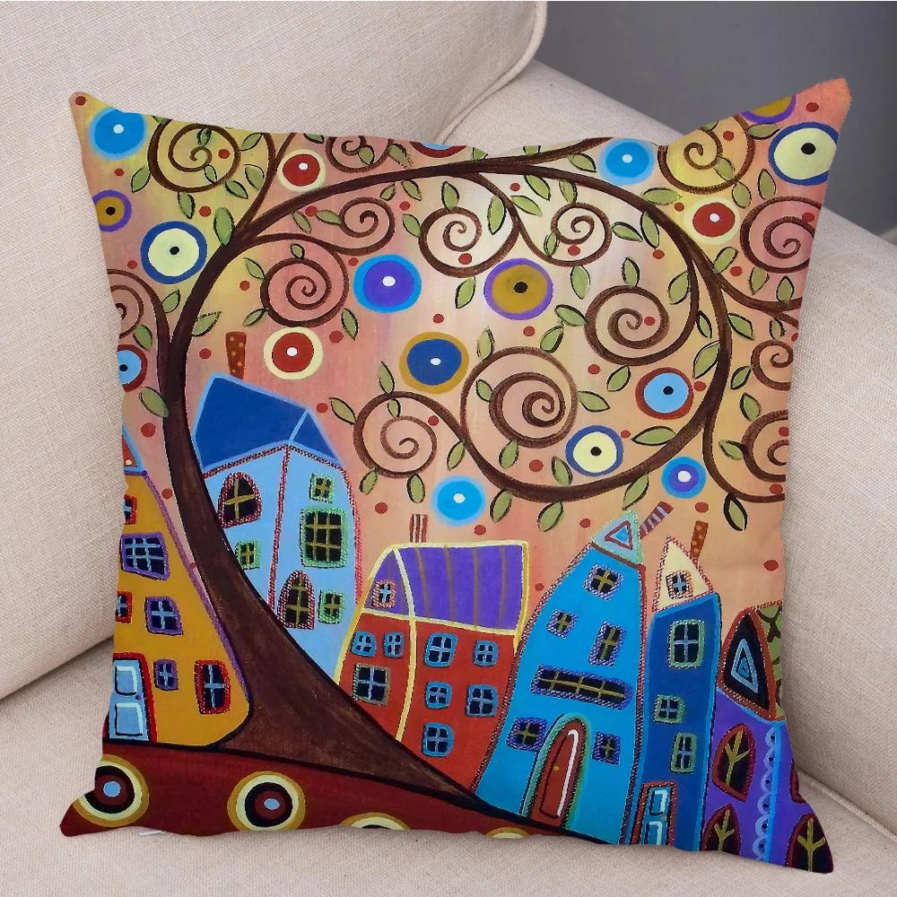 Colorful Cartoon Retro Rural Color Printed Pattern Home Cushion Cover Living Room Sofa Bedroom Decoration Pillowcase