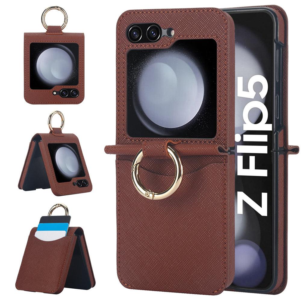 Cross Stripes Leather Ring Phone Case For Samsung Galaxy Z Flip 7 7FE 6 5 4 3 Credit Cards Holder Back Cover For Galaxy Z Flip 6