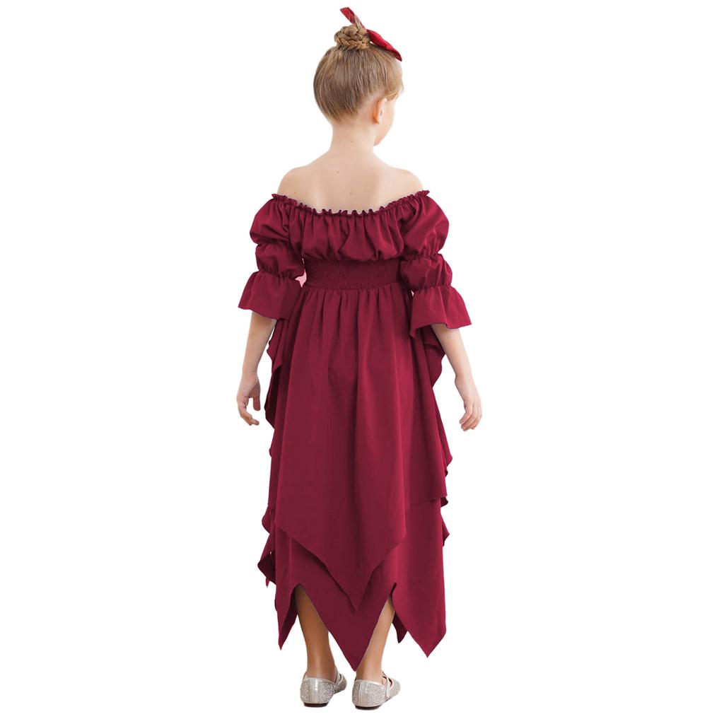 Girl's Renaissance Halloween Fancy Dress Costume Cold Shoulder Smocked Irregular Hem Dresses