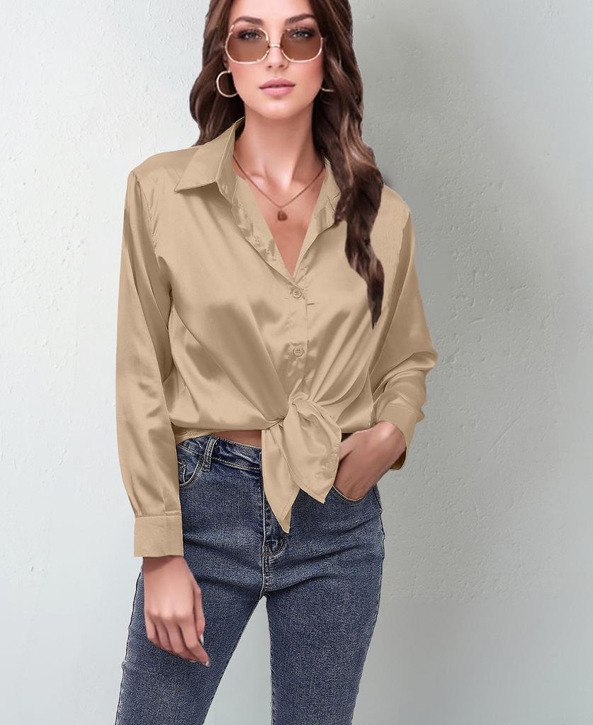 Women's Long Sleeve Silk Feeling Shirt Wrap Knot Casual Blouse