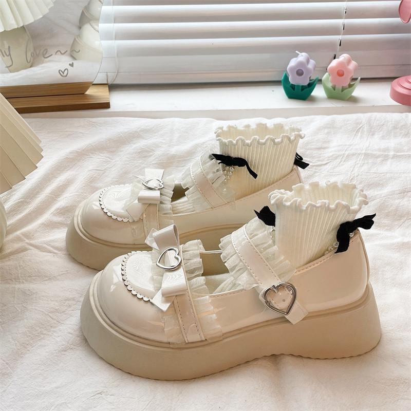 Fashion Sweet Lolita Platform Mary Janes | Heart - Bowknot & Lace - Trimmed Chunky - Heel Loafers
