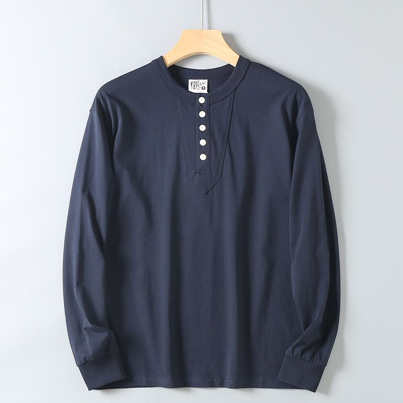 Original Foreign Trade Surplus American-Style Casual Henley Collar Cotton Long-Sleeve T-Shirt for Men, Vintage Versatile Solid Color Base Shirt