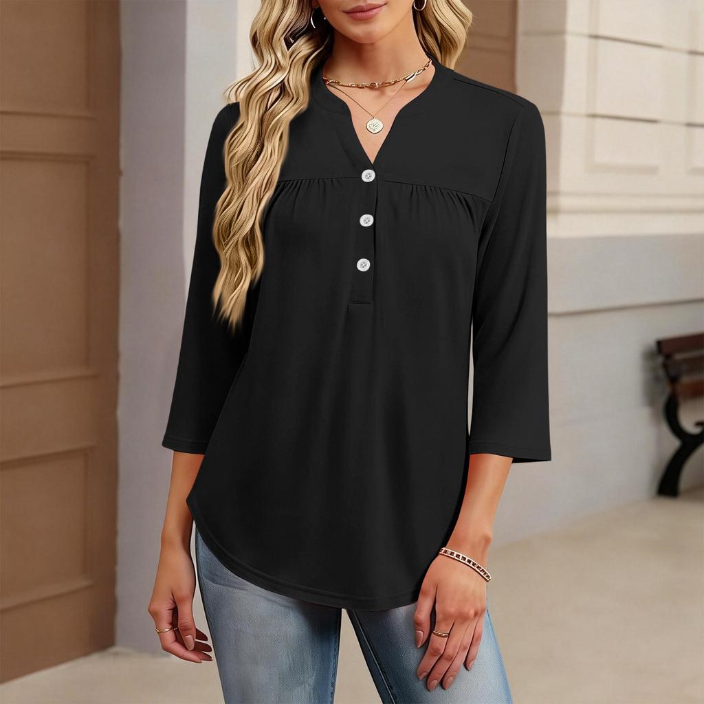 Women's Fashionable Casual Color V-Neck Decorative Button Three-Quarter Sleeve T-Shirt Top