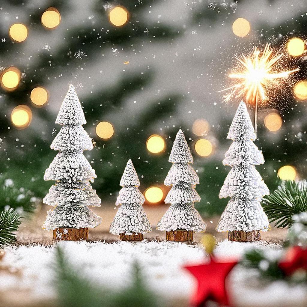 Ming Guan Tower-Shaped Flocked Cedar Desktop Christmas Tree with White Pine Needles and Wooden Base
