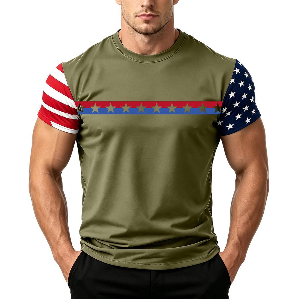 Men's Casual Short Sleeve T Shirt Loose Fit Crew Neck Lightweight Summer Daily Wear Tee with Flag Pattern Sleeve Design
