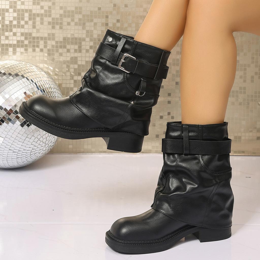 Fashion Belt Buckle Western Boots Women's Spring and Autumn New Imitation Leather Thick-soled Thick-heeled Short Boots Pleated European and American