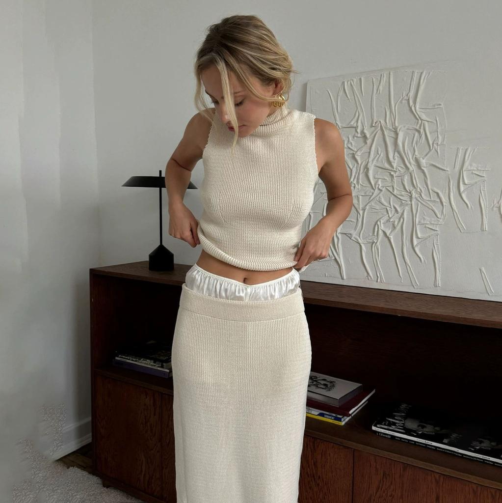 Lime Green Ribbed Knit Crop Top and Long Skirt Set