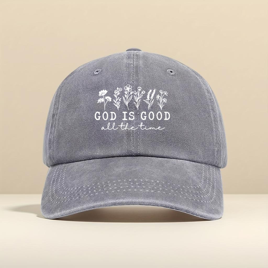 1pc Womens Floral  God Is Good Print Adjustable Snapback Baseball Cap  Lightweight Breathable Vintage Washed Brim