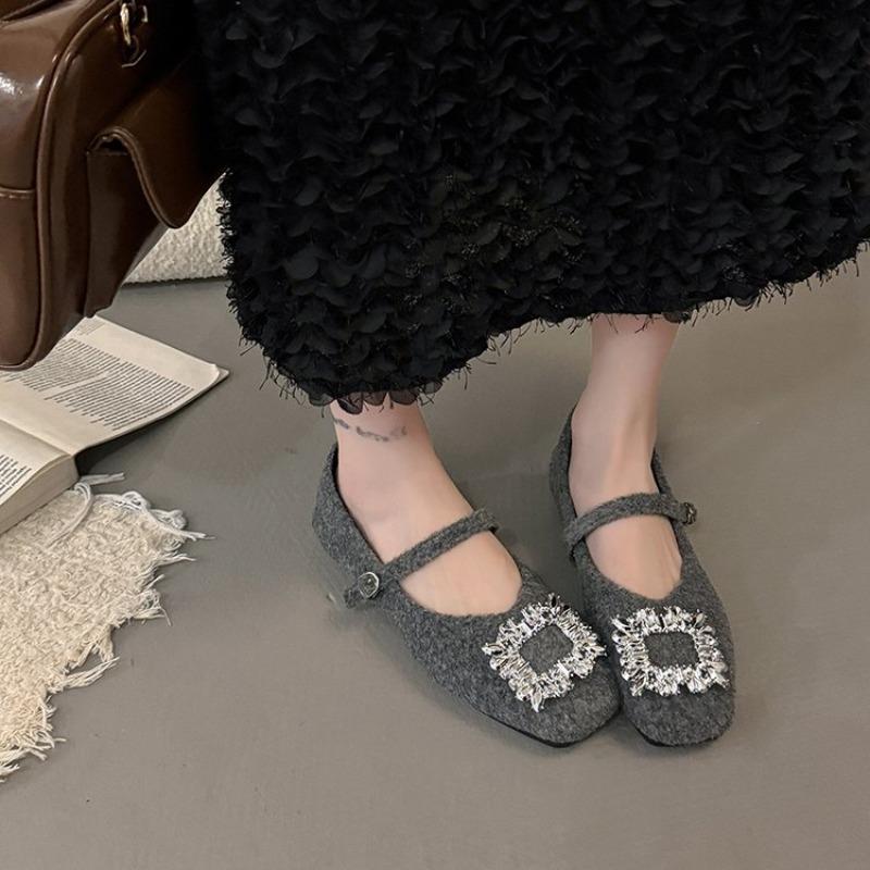 French Rhinestone Square Buckle Single Shoes for Women 2026 Autumn and Winter New Cotton Shoes Wedge