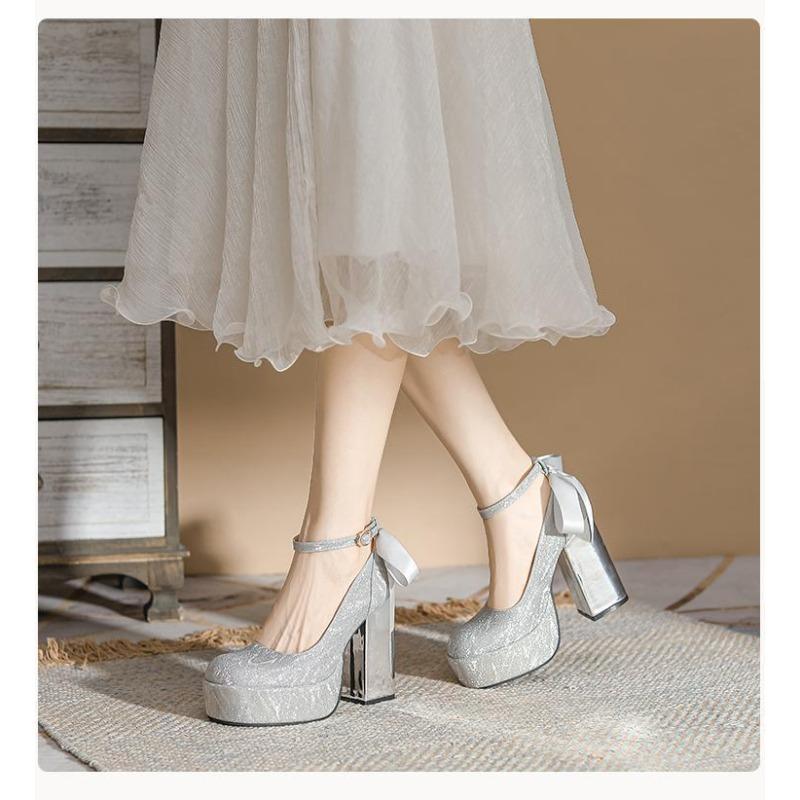 2025 French Silver Platform Non-slip Mary Jane High Heels Women's Chunky Wedding Shoes Bride Shoes Small Line with Single Shoes