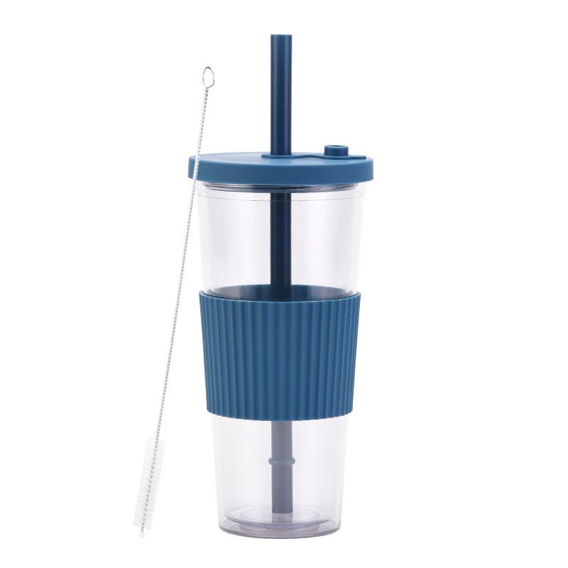 2025 Large Capacity Double Layer Plastic Cup Large Hole Straw Pearl Boba Milk Tea Cup Portable Outdoor Straw Cup