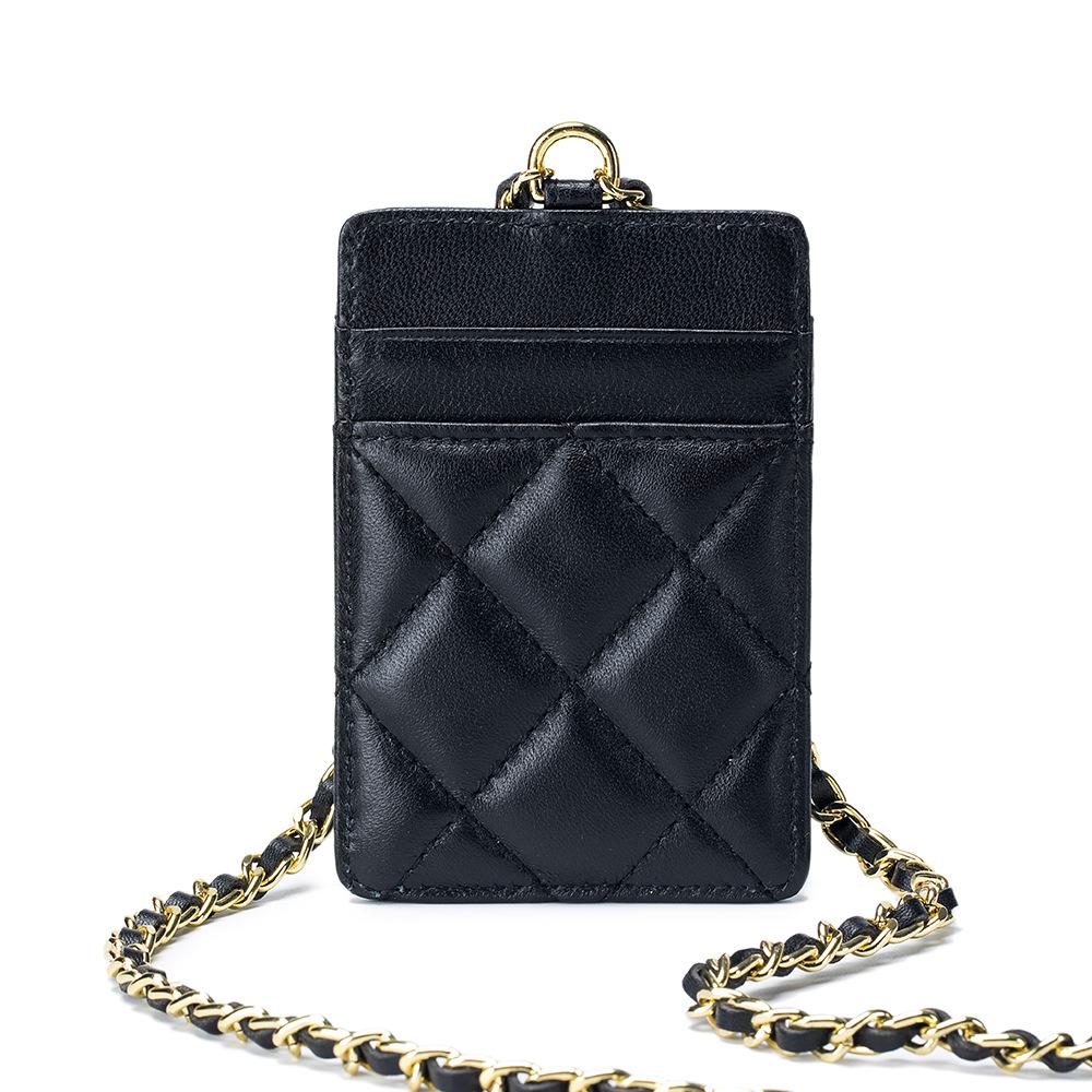 

Sheepskin Mini ID Bag Rhombus Neck Chain Card Bag Women s Fashion Simple Work Permit Cover Ultra-thin Card Cover чёрный