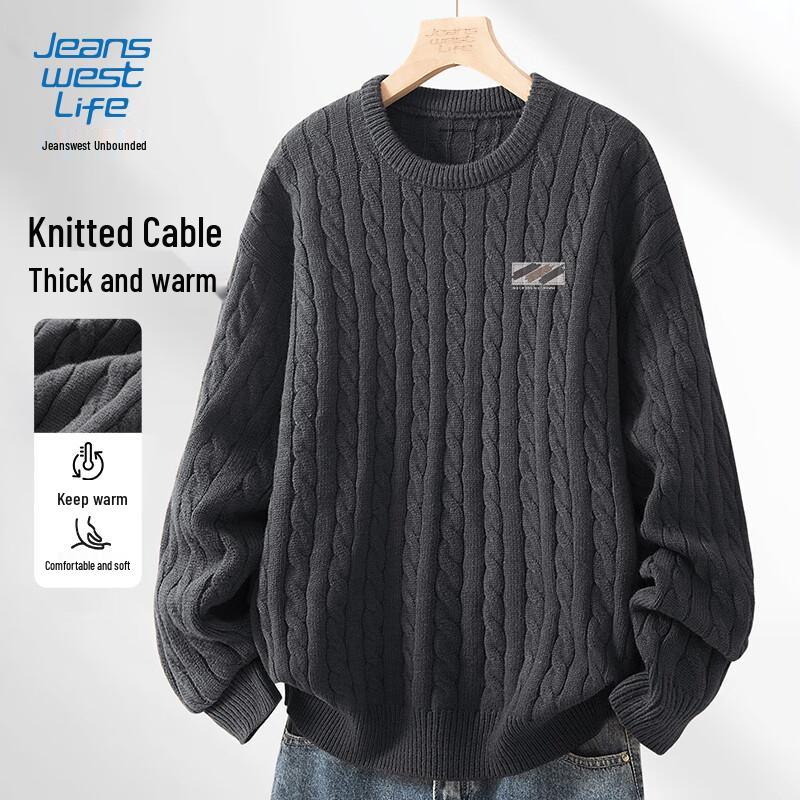 JEANSWEST LIFE Men's Plush Round Neck Cable Knit Sweater