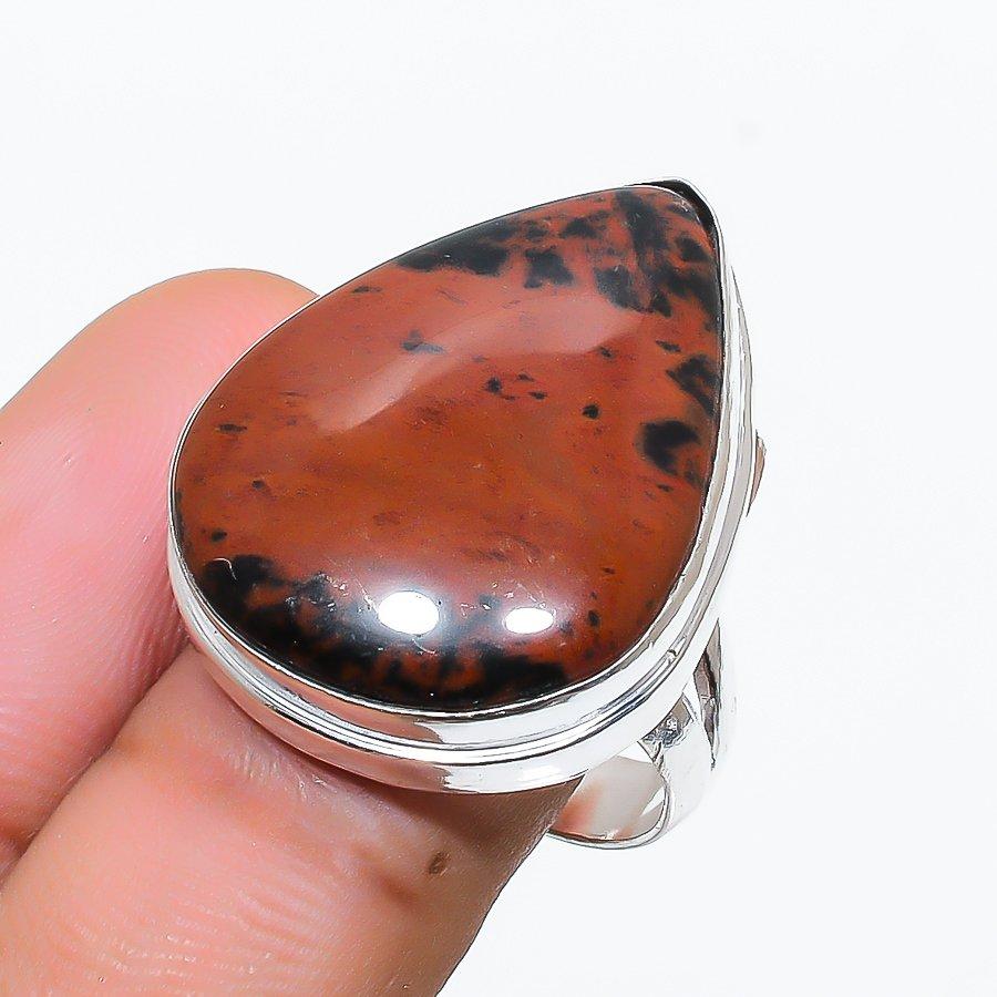 

Этническое ювелирное кольцо ручной работы с драгоценным камнем красного дерева и обсидианом, размер 8 SR-7307