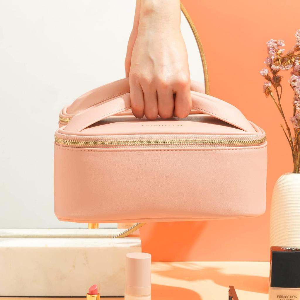 Rownyeon Vanity Large Cute Makeup Pouch with Brush Functional Ribbon Portable Cosmetic Case with Vanity Mini Makeup Travel Korean Style Pouch,