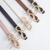 Women Belt Solid Color Metal Bowknot Decorated Imitation Leather Strap Belt Adjustable Holes Slim Waistband