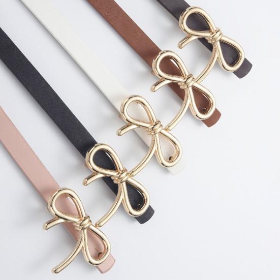 Women Belt Solid Color Metal Bowknot Decorated Imitation Leather Strap Belt Adjustable Holes Slim Waistband