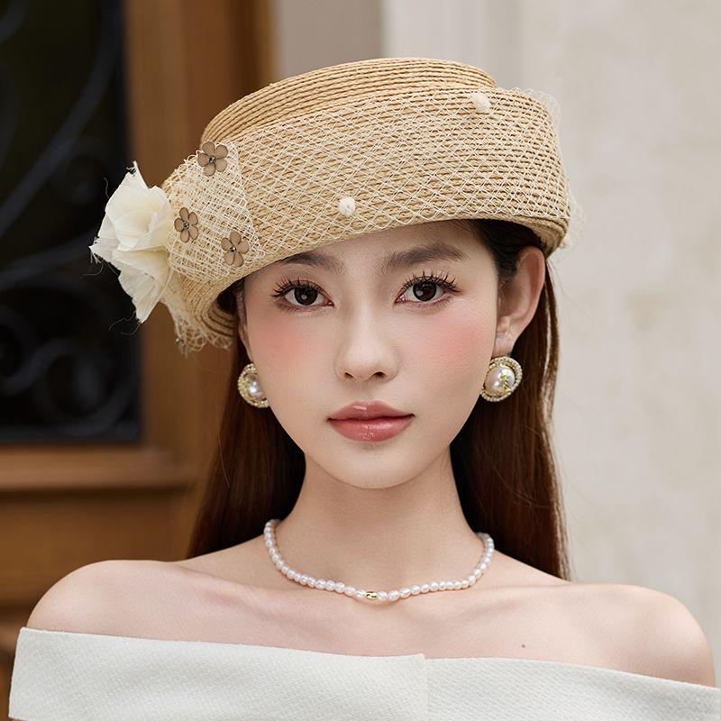 Women's Hat Mesh Mini Hat Summer Bowknot Flower Beret Elegant Top Hat Straw Hat Chic Fashion Hat