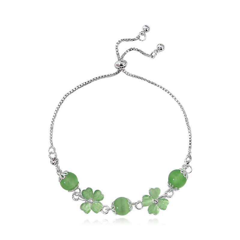 Lucky Four-Leaf Clover Adjustable Green Cat's Eye Bracelet for Women (Mori Style)