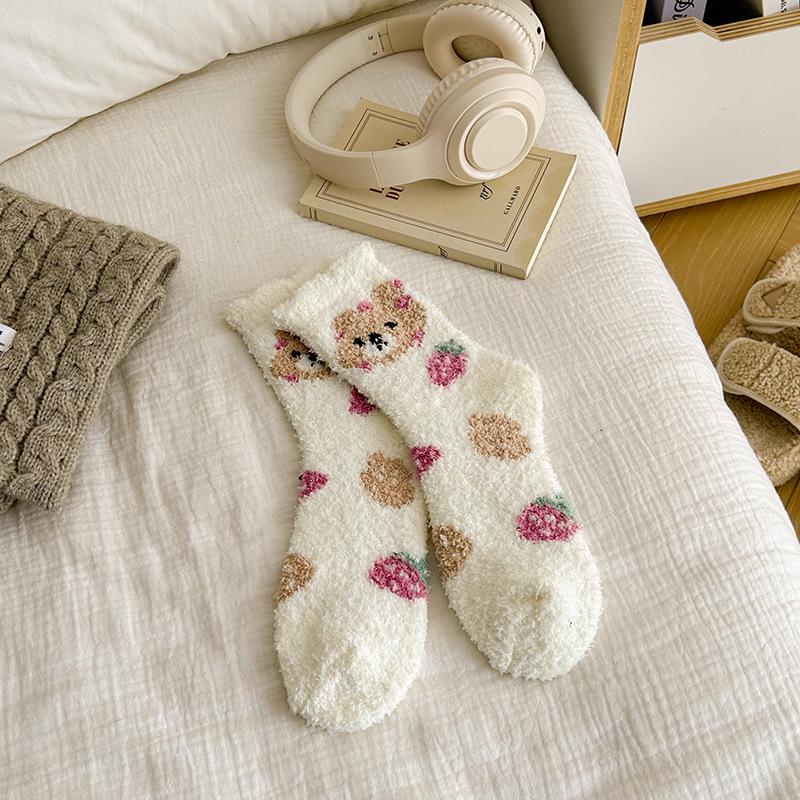 Fashion Coral Fleece Women Socks Warm Home Floor Socks Cartoon Strawberry Bear Socks Plush Mid Tube Sleep Socks