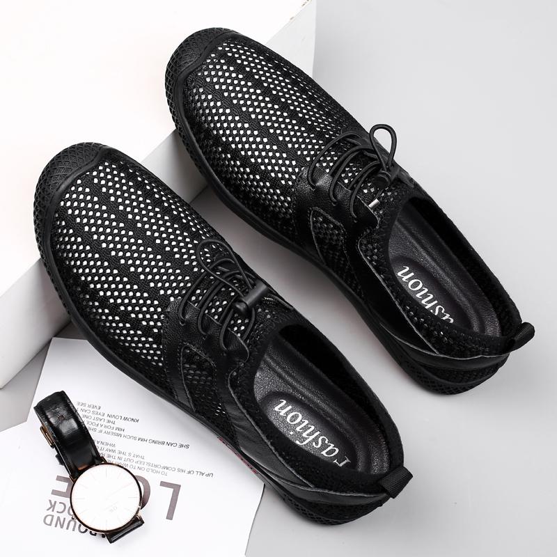 Летняя мода мужские черные кроссовки сетчатые повседневные туфли на шнуровке дышащие — фото 3