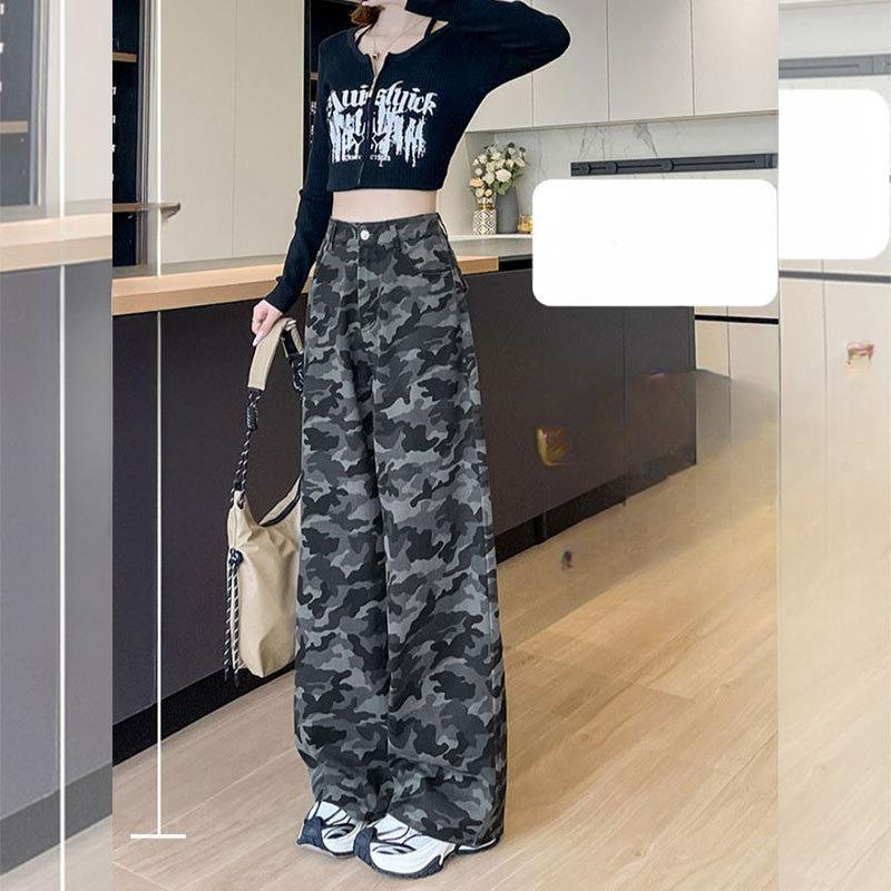 Damen Arbeitskleidung High Waist Camouflage Retro Jeans - Locker, Weitbein, Gerader Schnitt für lockere lässige Damenhosen
