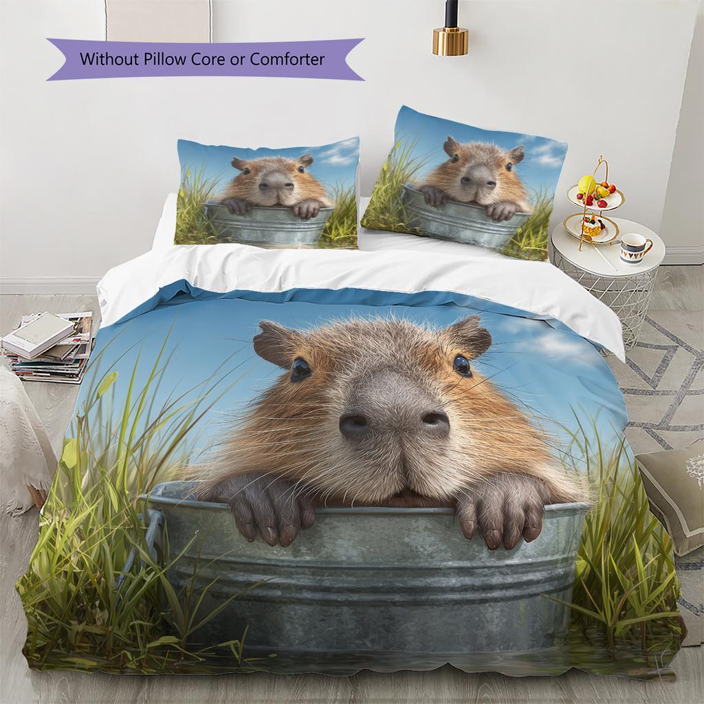 Capybara und Grasland Muster Bettwäsche Heimdekoration Geburtstagsgeschenk (1 Bettbezug + 2 Kissenbezüge, ohne Füllung)
