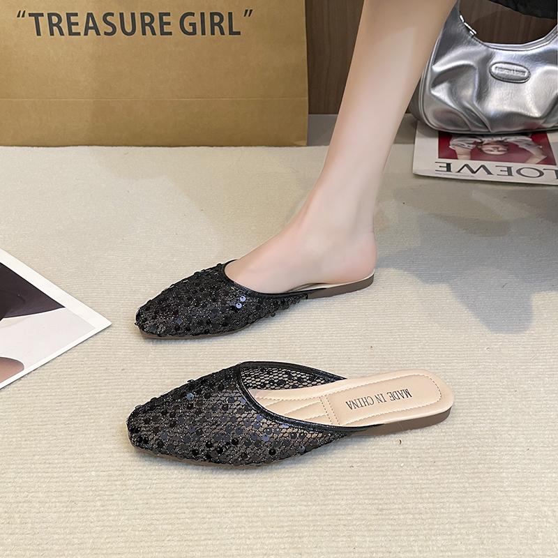Fashion New Baotou Slippers Spring Square Head Shallow Mouth Glitter Mesh Cover Feet Soft Sole Anti-slip Wear-resistant Flat Shoes