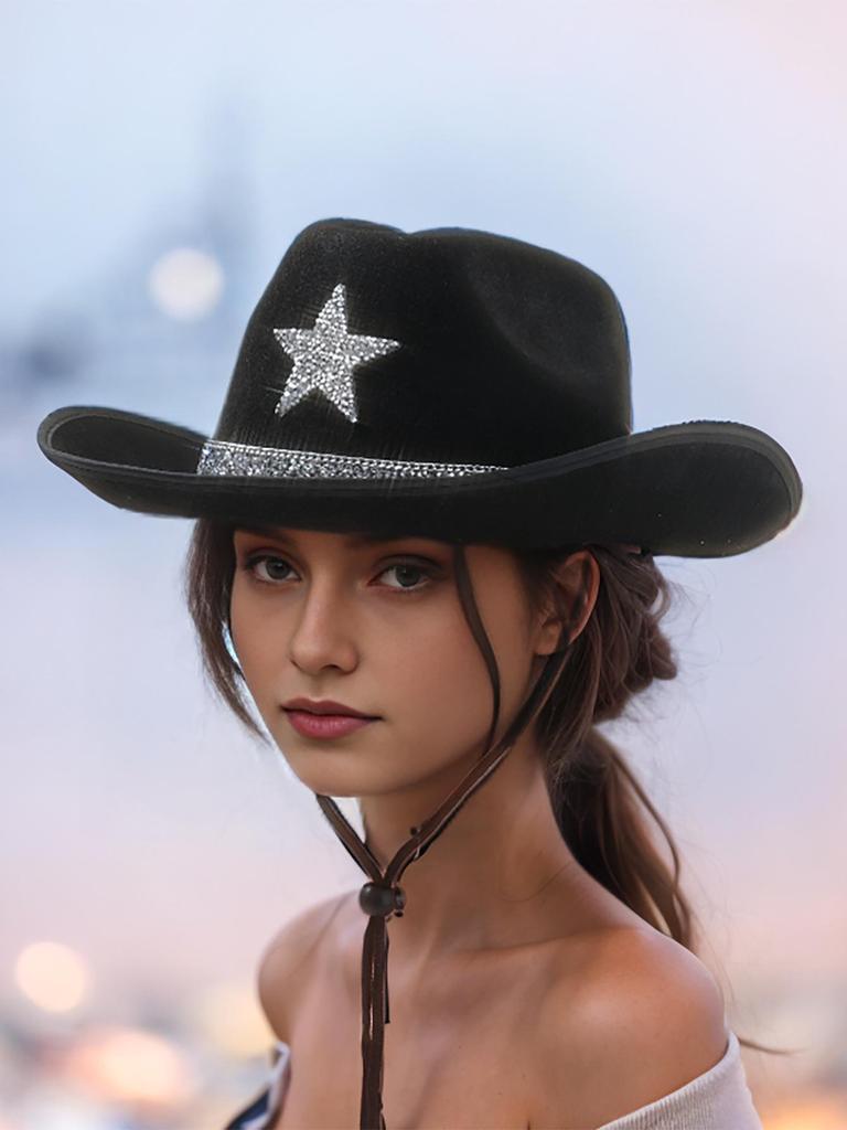 Pălărie Cowboy Western cu Stele cu Strasuri: Pălărie Jazz Unisex cu Bor Lat pentru Petreceri pe Plajă