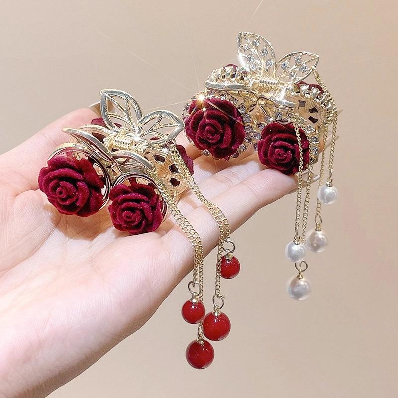 1Pc Vintage Elegant Red Flocked Rose Tassel Hair Clip Stylish Ponytail Claw Crab Clip For Girls Women Delicate Hair Accessories