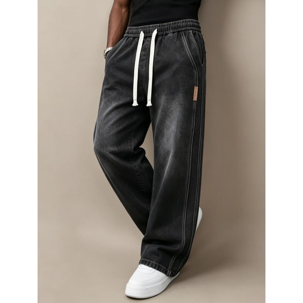 Men’s Straight-Leg Jeans: New Style with Drawstring Waist, Loose Fit, Slimming Effect, Wide-Leg Trousers
