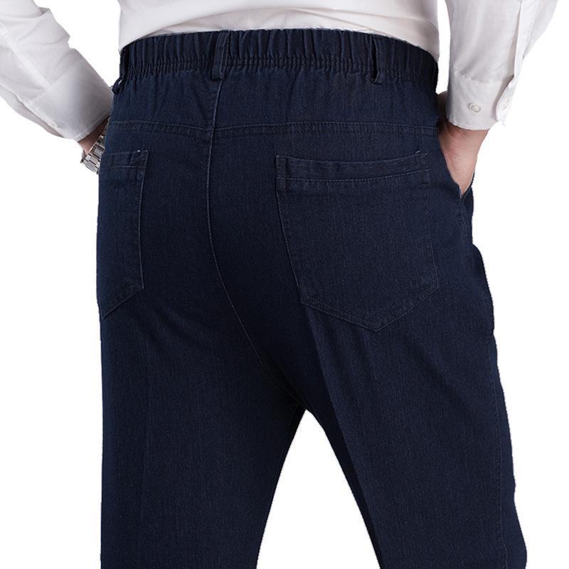 

Мужские эластичные джинсы с высокой талией для осени/зимы — свободные, с глубоким шаговым швом, повседневные брюки для людей среднего и пожилого возраста XXXL темно-синий