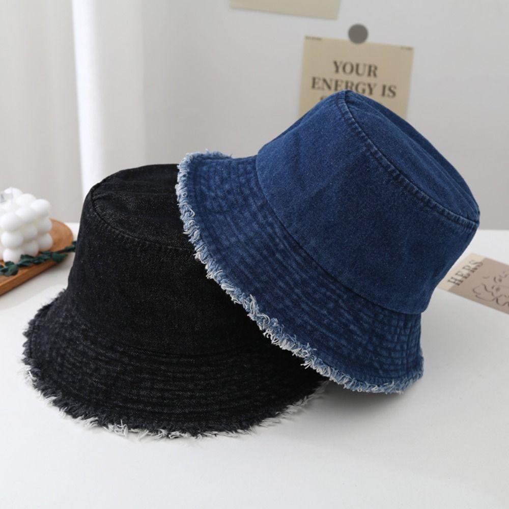 Tassel Washed Denim Bucket Hat Wide Brim Summer Sun Hat Simple Denim Fisherman Hat  Outdoor