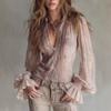 V-Neck Lace Knotted Twist Two-Piece Long Sleeve Top Women Streetwear Chic With Geometric Print High Stretch Ammonia Blend