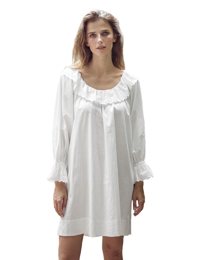BEAUTELICATE Lace Round Loose White Women's Nightgown, 100% Cotton, Above-the-Knee, 3/4 Sleeves, Moisture-Wicking, Quick-Drying, Embroidery, Ruffles,