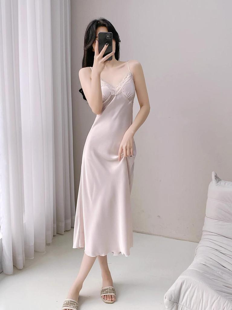 Ice Silk Long Sleeve Extra Long Robe with Chest Pad & Camisole Nightdress for Women