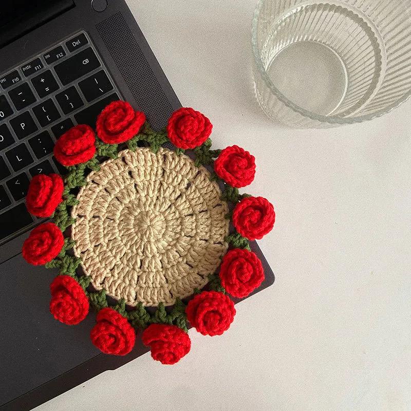 Crochet Coaster Rose Flower Coaster Crochet Flower Placemat Rose Bouquet Cup Pad Coffee Mug Cup Mat Mother's Day Gift