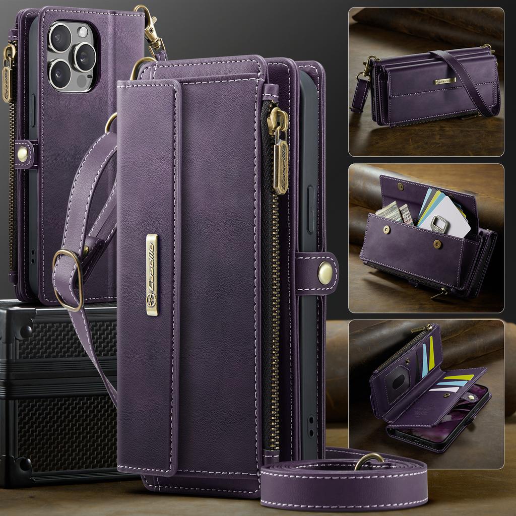 For iPhone 14 Pro Max Case CASEME C39 RFID Blocking Zipper Wallet Stand Leather Cover with Strap